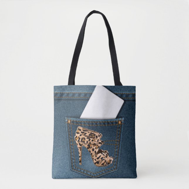 Leopard High Heel & Blue Jean Pattern Pocket Jean. Tote Bag (Front)