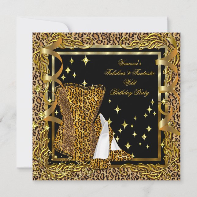 Leopard High Heel Gold Black Corset Birthday Party Invitation (Front)