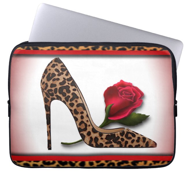 Leopard High Heel & Red Rose Laptop Sleeve (Front)