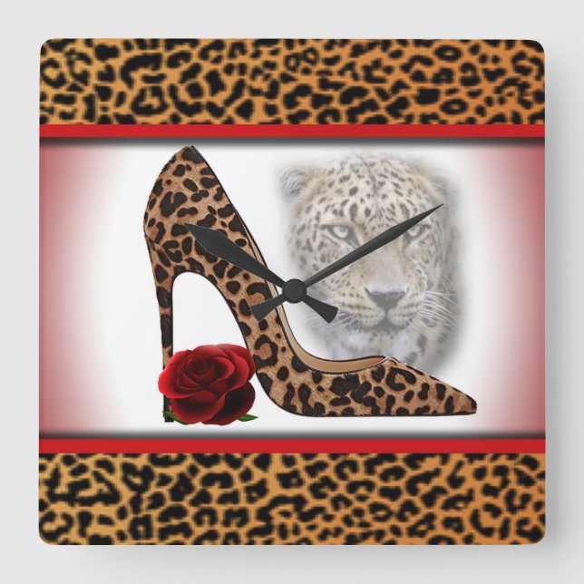 Leopard & High Heel & Red Rose Square Wall Clock (Front)