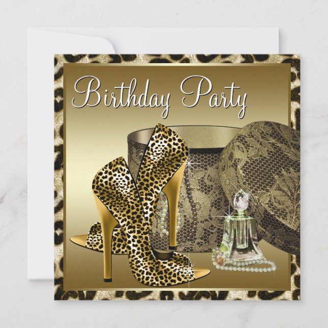 Leopard High Heel Shoes Black Gold Womans Birthday Invitation (Front)