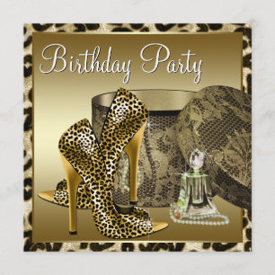 Leopard High Heel Shoes Black Gold Womans Birthday Invitation