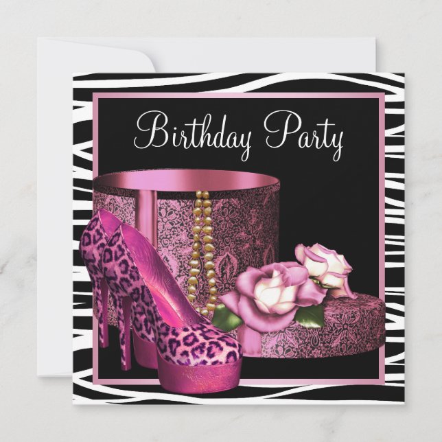 Leopard High Heel Shoes Pink Zebra Birthday Party Invitation (Front)