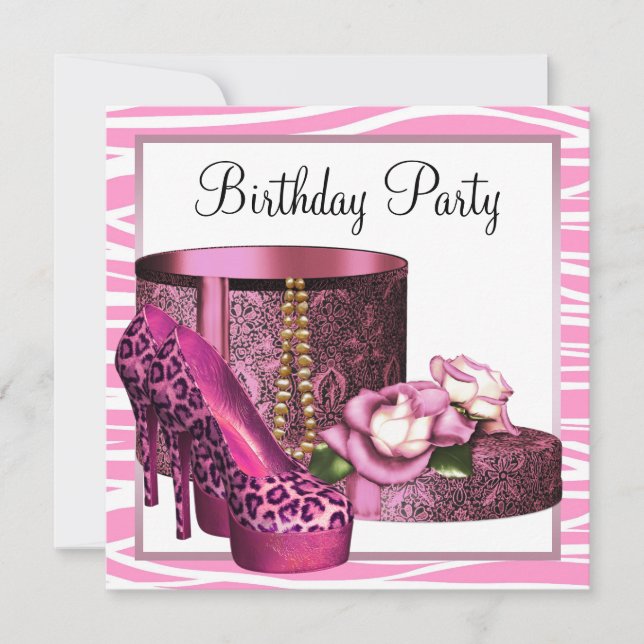 Leopard High Heel Shoes Pink Zebra Birthday Party Invitation (Front)