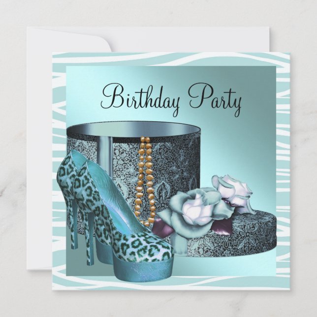 Leopard High Heel Shoes Teal Blue Birthday Party Invitation (Front)