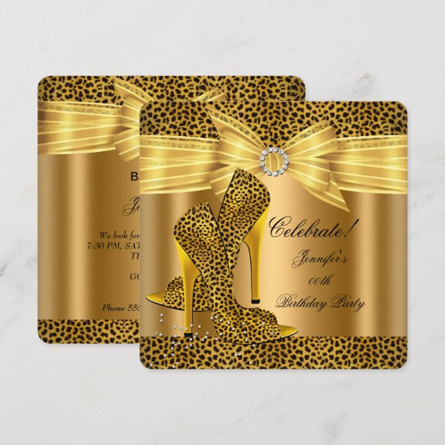 Leopard High Heels Shoes Gold Birthday Party Invitation (Front/Back)