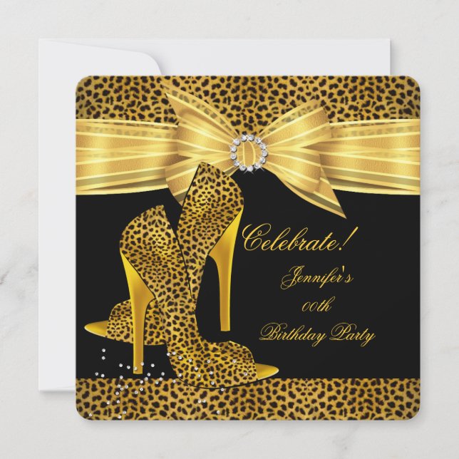 Leopard High Heels Shoes Gold Black Birthday Party Invitation (Front)