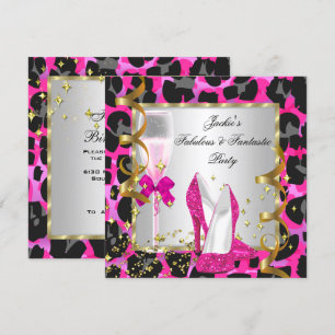 Leopard Hot Pink Black Silver Birthday Party Invitation