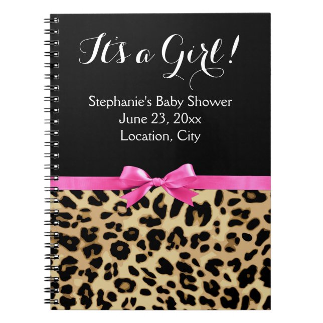 Leopard Hot Pink Bow Its a Girl Safari Baby Shower Notebook (Front)