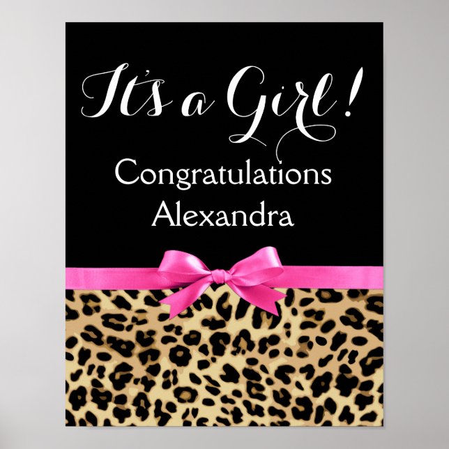 Leopard Hot Pink Bow Its a Girl Safari Baby Shower Poster (Front)