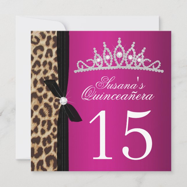 leopard hot pink Quinceanera Invitation (Front)
