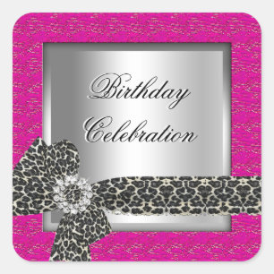 Leopard Hot Pink silver Birthday Party Celebration Square Sticker