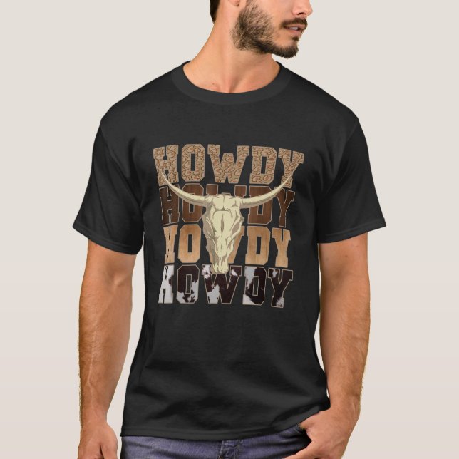 Leopard Howdy Bull Skull Rodeo Texas Western Count T-Shirt (Front)