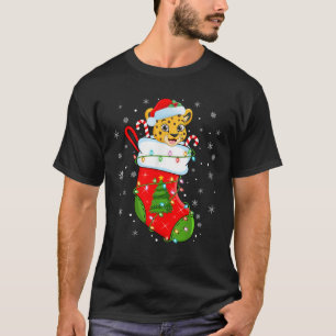 Leopard In Christmas Socks Santa Claus Lights Xmas T-Shirt