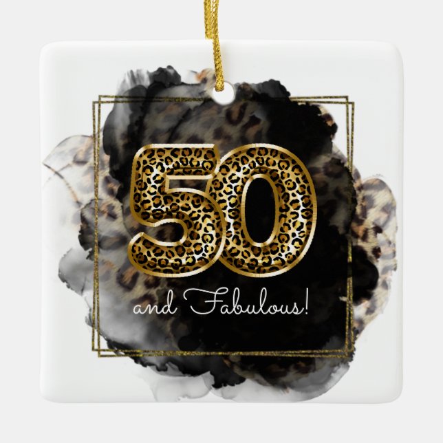 Leopard Ink 50 and Fabulous Birthday Custom Photo Ceramic Ornament (Front)