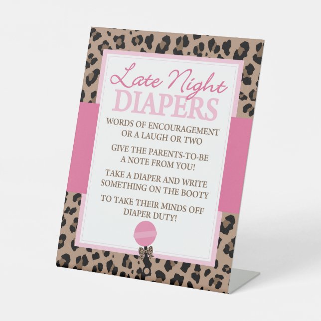 Leopard Late Night Diapers Advice Baby Shower Pedestal Sign (Front)