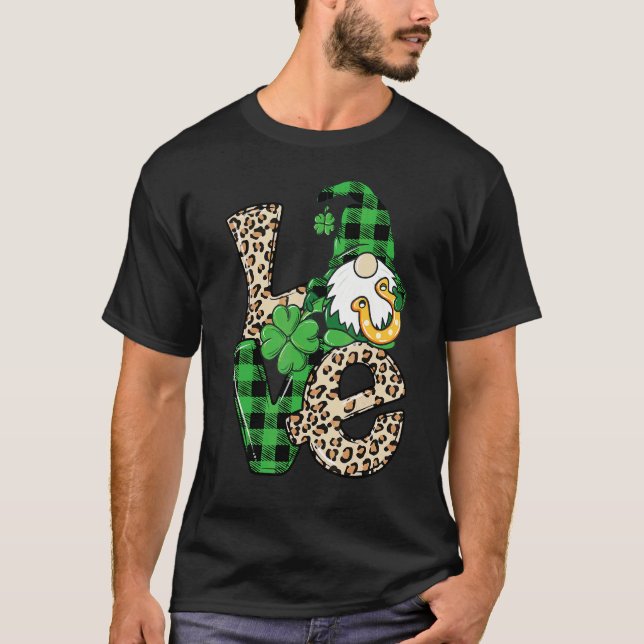 Leopard Love Gnome Lucky Shamrock St Patrick's Day T-Shirt (Front)