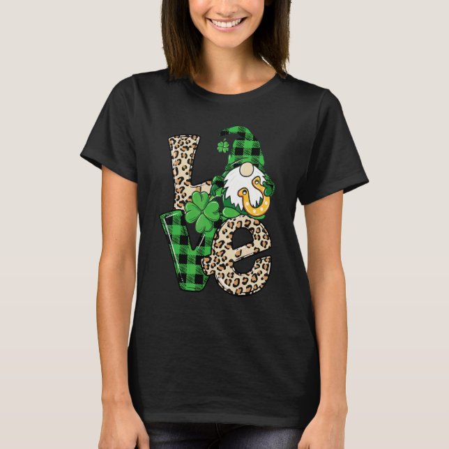 Leopard Love Gnome Lucky Shamrock St Patrick's Day T-Shirt (Front)