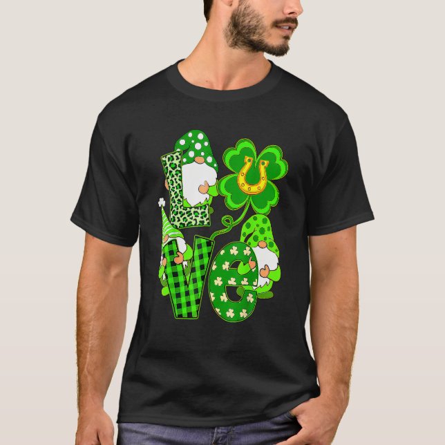 Leopard Love Three Gnomes Lucky Shamrock St. Patri T-Shirt (Front)