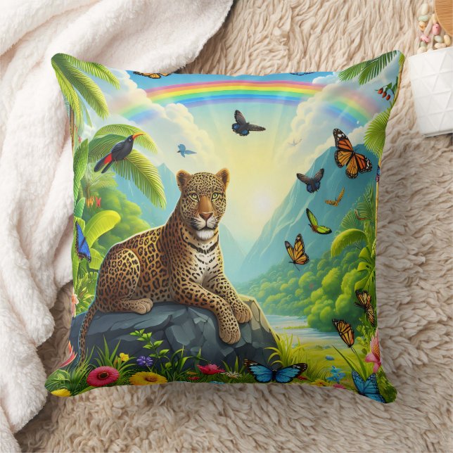 Leopard Majesty: Colourful Jungle Foliage Cushion (Blanket)