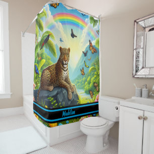 Leopard Majesty: Colourful Jungle Foliage Shower Curtain