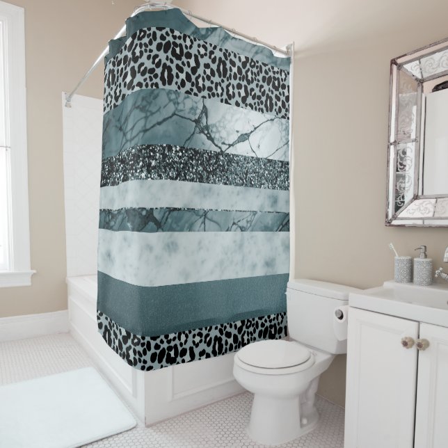 Leopard Marble Glitter Stripes Glam 2 Shower Curtain (In Situ)