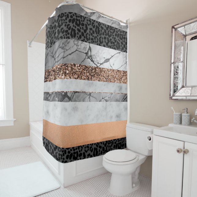 Leopard Marble Glitter Stripes Glam 3 Shower Curtain (In Situ)