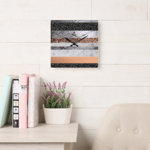 Leopard Marble Glitter Stripes Glam 3 Square Wall Clock