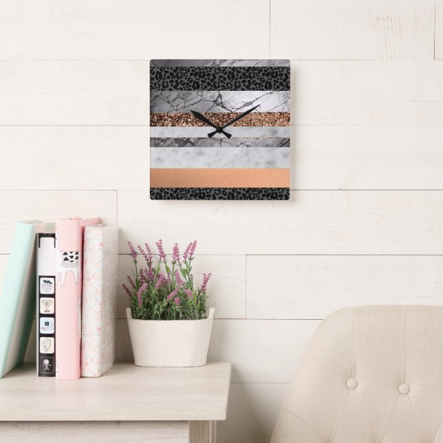 Leopard Marble Glitter Stripes Glam 3 Square Wall Clock (Reading Room)