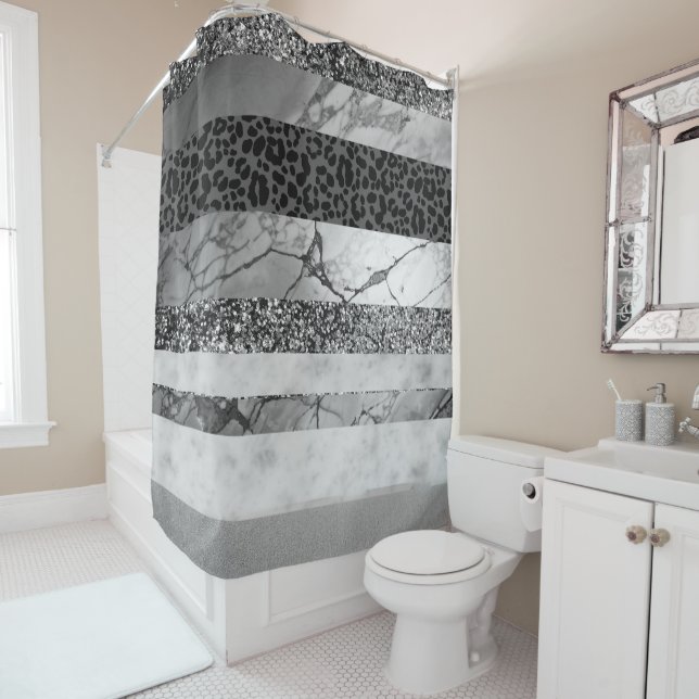 Leopard Marble Glitter Stripes Glam 4 Shower Curtain (In Situ)