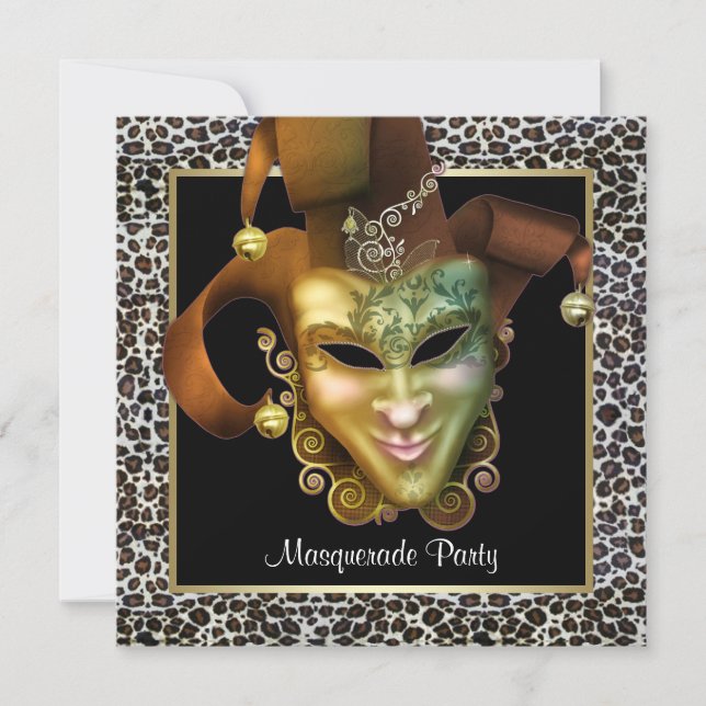 Leopard Mask Black and Gold Masquerade Party Invitation (Front)