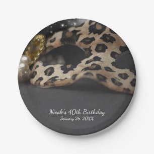 Leopard Masquerade Mask & Pearl Birthday Party Paper Plate