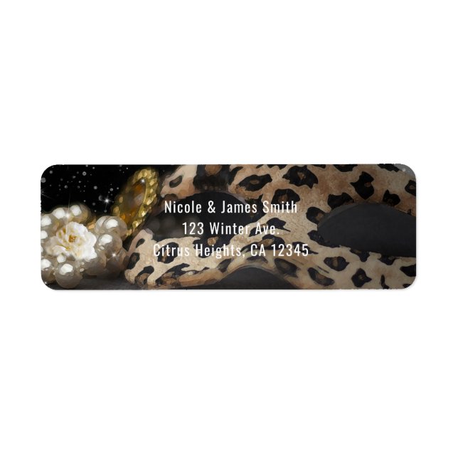Leopard Masquerade Mask & Pearls Party Invitation Return Address Label (Front)