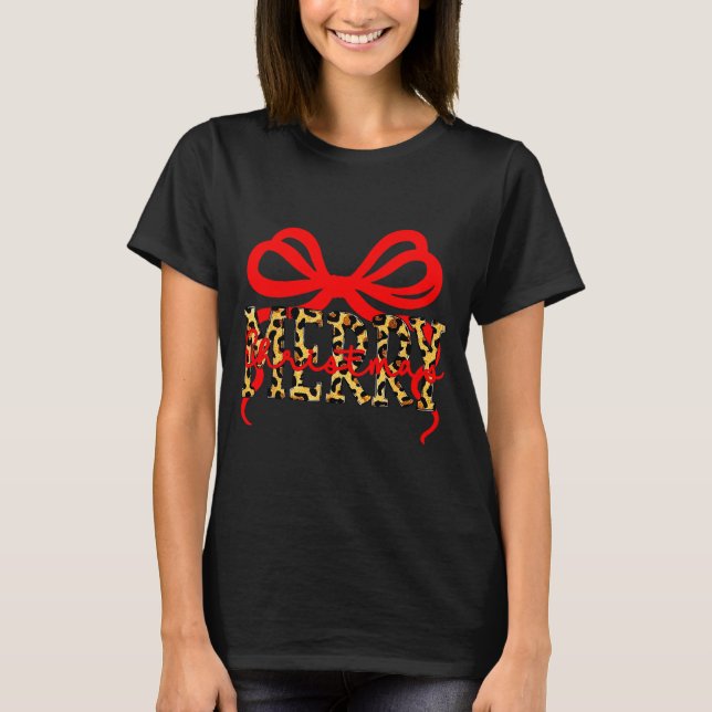 Leopard Merry Christmas Coquette Bow Xmas Holiday  T-Shirt (Front)
