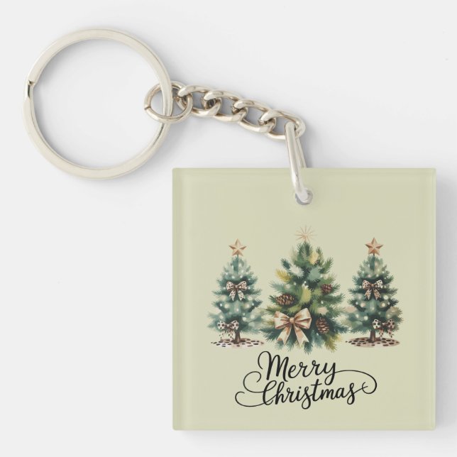 Leopard Merry Christmas Tree Coquette Bow Xmas Key Ring (Front)
