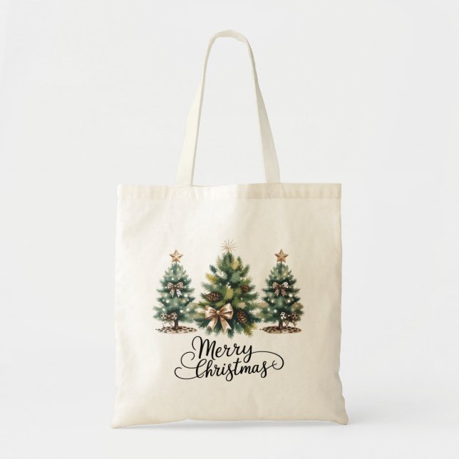 Leopard Merry Christmas Tree Coquette Bow Xmas Tote Bag (Front)