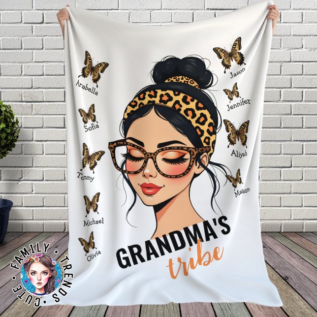 Leopard Messy Bun and Butterflies Custom Names Fleece Blanket (Creator Uploaded)