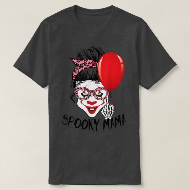 Leopard Messy Bun Clown Spooky Mama Funny Hallowee T-Shirt (Design Front)