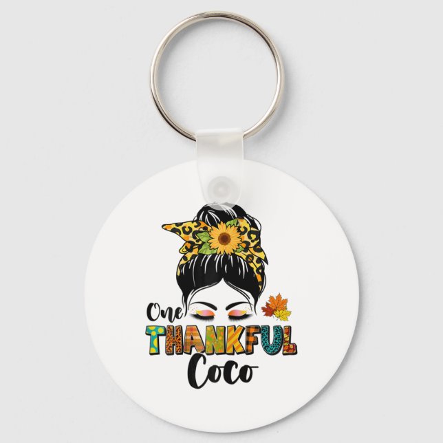 Leopard Messy Bun Fall Thanksgiving Day One Thankf Key Ring (Front)