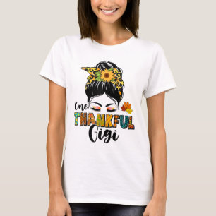 Leopard Messy Bun Fall Thanksgiving Day One Thankf T-Shirt
