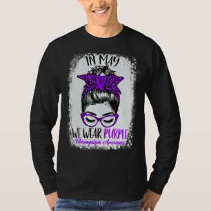 Leopard Messy Bun May We Wear Purple Fibromyalgia  T-Shirt