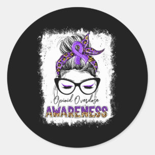 Leopard Messy Bun Opioid Overdose Awareness Purple Classic Round Sticker