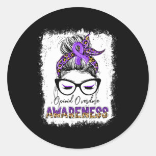 Leopard Messy Bun Opioid Overdose Awareness Purple Classic Round Sticker