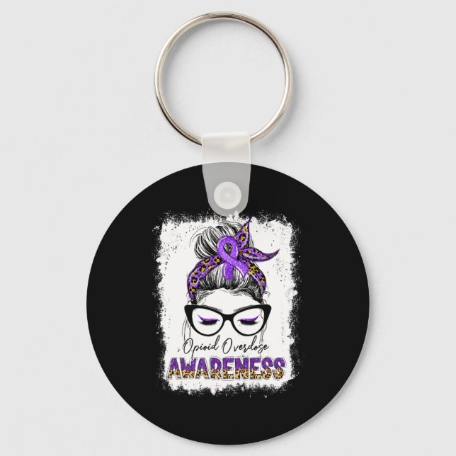 Leopard Messy Bun Opioid Overdose Awareness Purple Key Ring (Front)