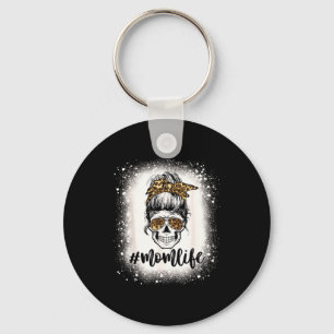 Leopard mom life cute messy bun girls skull key ring