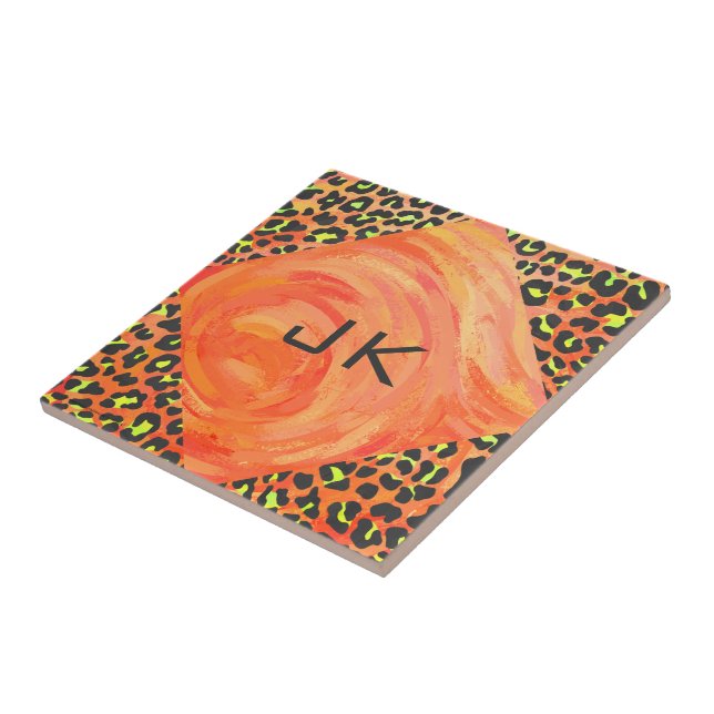 Leopard Monogram Orange and Yellow Print Ceramic Tile (Side)