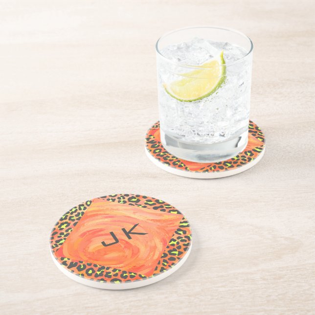 Leopard Monogram Orange and Yellow Print Coaster (Side)