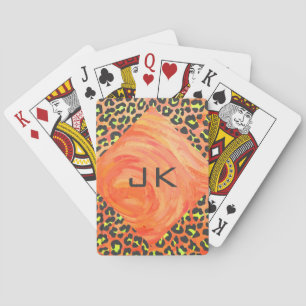 Leopard Monogram Orange and Yellow Print Playing Cards