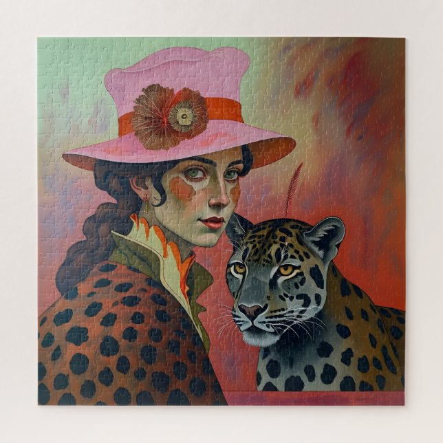 Leopard Muse: Lady in Pink Art Puzzle (Vertical)