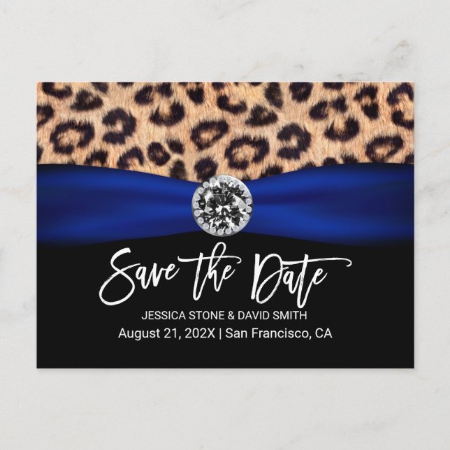 Leopard Navy Blue Ribbon Luxury Wedding  Announcement Postcard (Front)